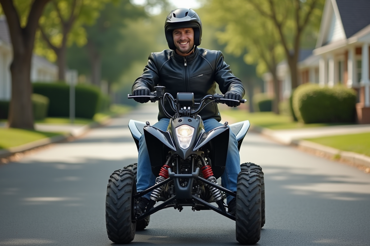 Homme souriant en moto quad 50cc sur rue tranquille
