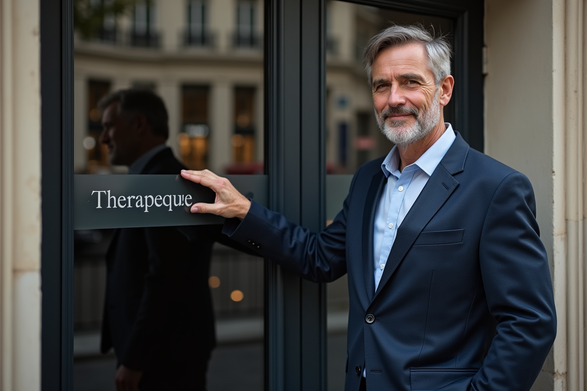 Homme debout devant une porte de thérapeute en ville