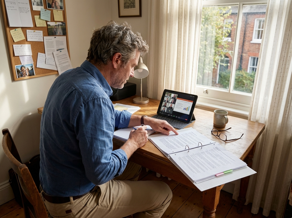 Homme travaillant à un bureau avec tablette et documents