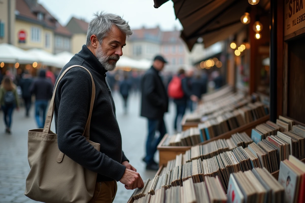 Homme parcourant des vinyles à un vide-grenier sur une place de village dans le Nord