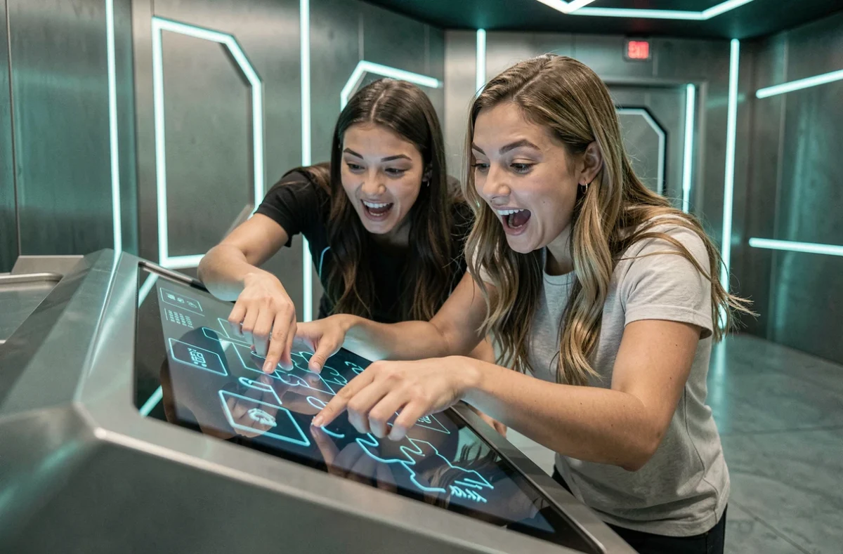 Deux joueuses résolvant un puzzle numérique futuriste dans la salle d'escape game Ilusiom à Anglet