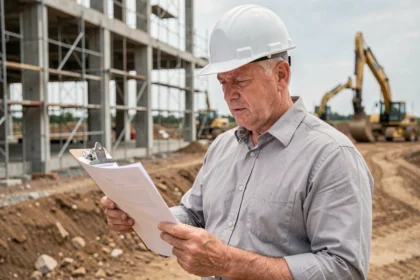 Ingénieur en bâtiment consultant un devis de chantier sur un clipboard, site de construction en arrière-plan, illustration de la conversion kg en tonnes pour devis professionnels