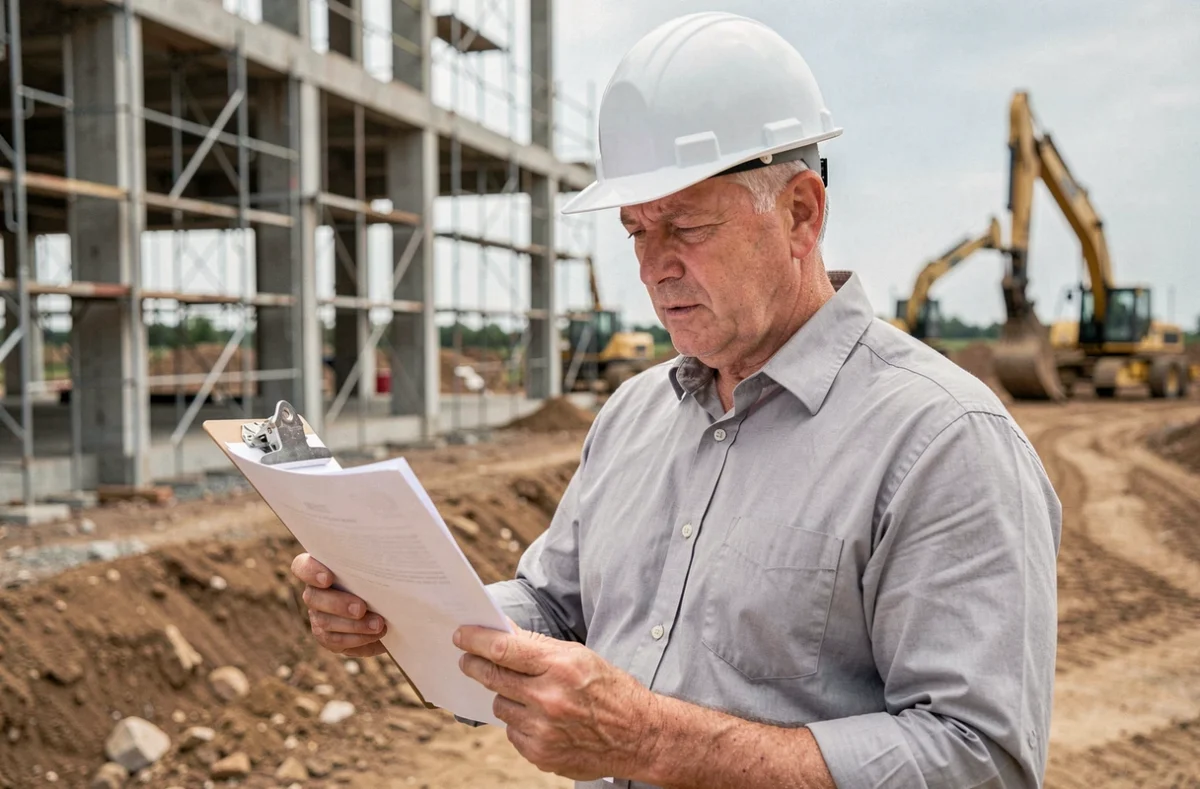 Ingénieur en bâtiment consultant un devis de chantier sur un clipboard, site de construction en arrière-plan, illustration de la conversion kg en tonnes pour devis professionnels