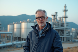 Ingénieur en extérieur devant une grande installation hydrogene