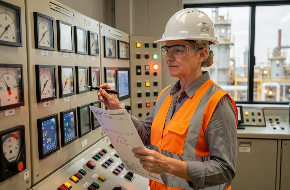 Ingénieure de process en équipement de sécurité analysant des relevés de pression en bar sur un tableau de contrôle industriel dans une salle de commande de raffinerie