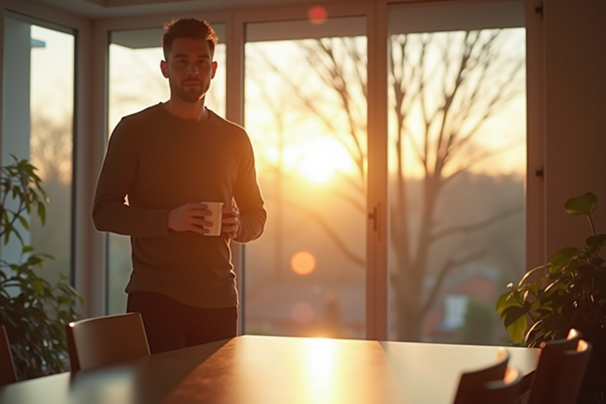 Homme dans un intérieur lumineux regardant par la fenêtre