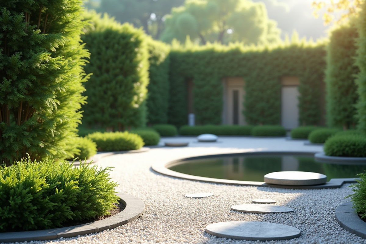 Jardin minimaliste zen avec gravier et buissons verts
