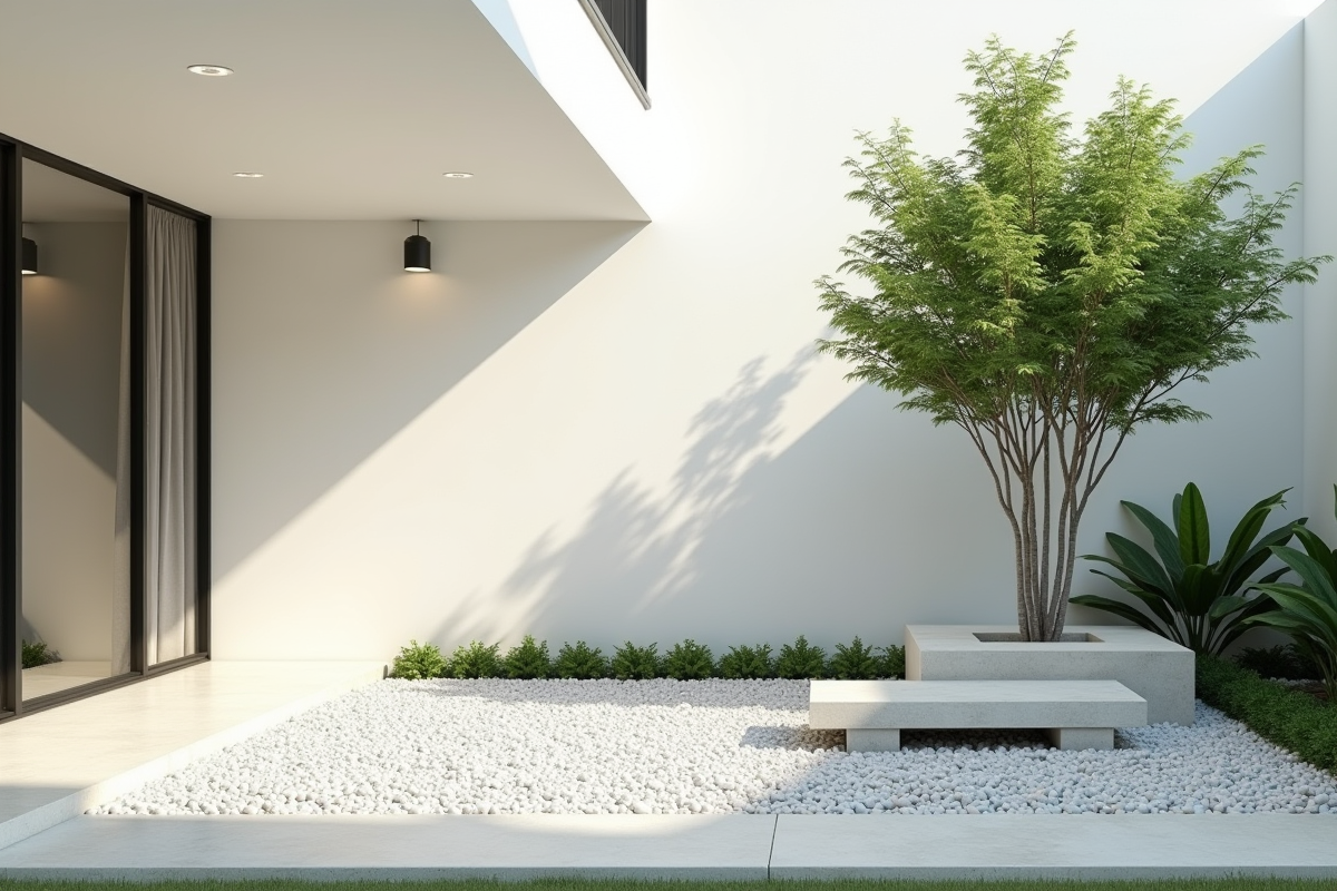 Espace vert urbain moderne avec arbre sculptural et banc