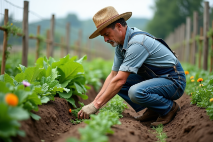 Homme agriculteur en overalls et chapeau de paille désherbant un champ
