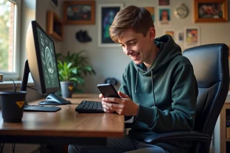 Adolescent souriant utilisant son smartphone dans sa chambre