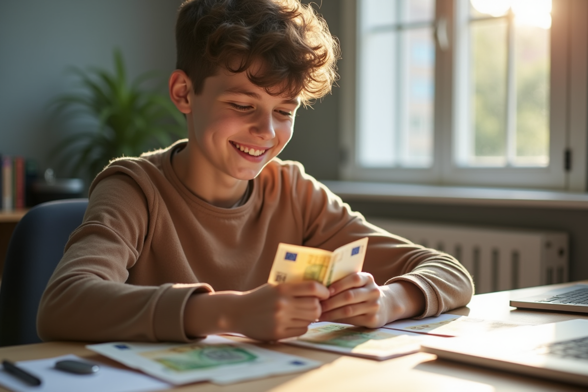 Jeune adulte comptant des billets d'euros à son bureau lumineux