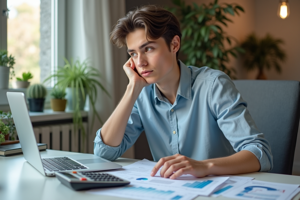 Jeune adulte à un bureau moderne avec documents de prêt étudiant