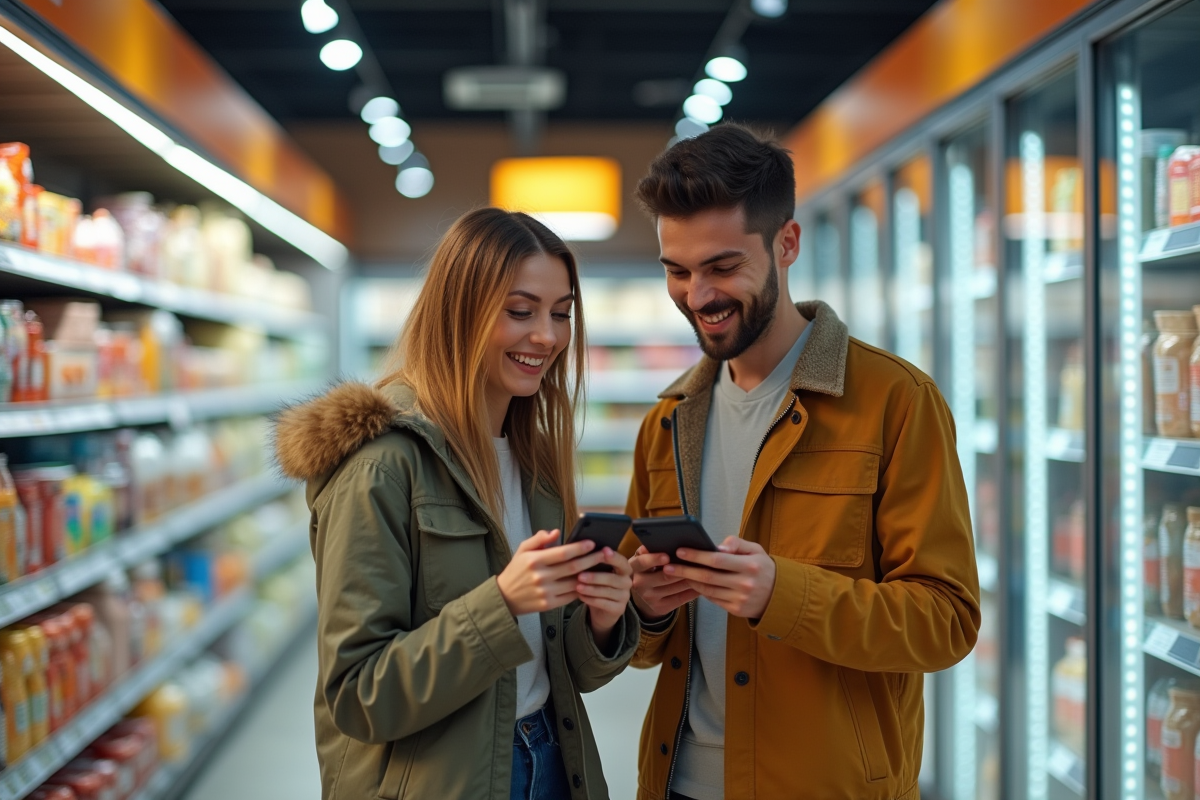 Jeune couple souriant comparant prix dans un supermarché