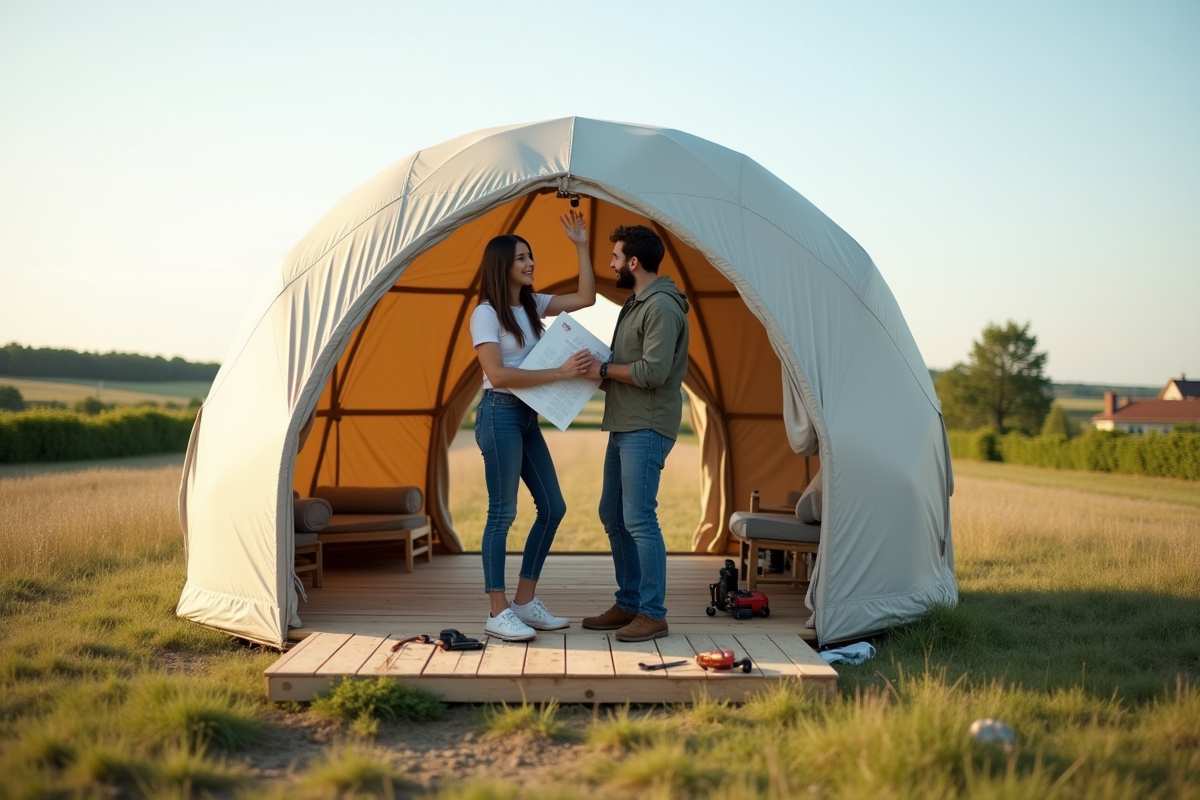 Jeune couple assemblant un ecopod dans un champ rural