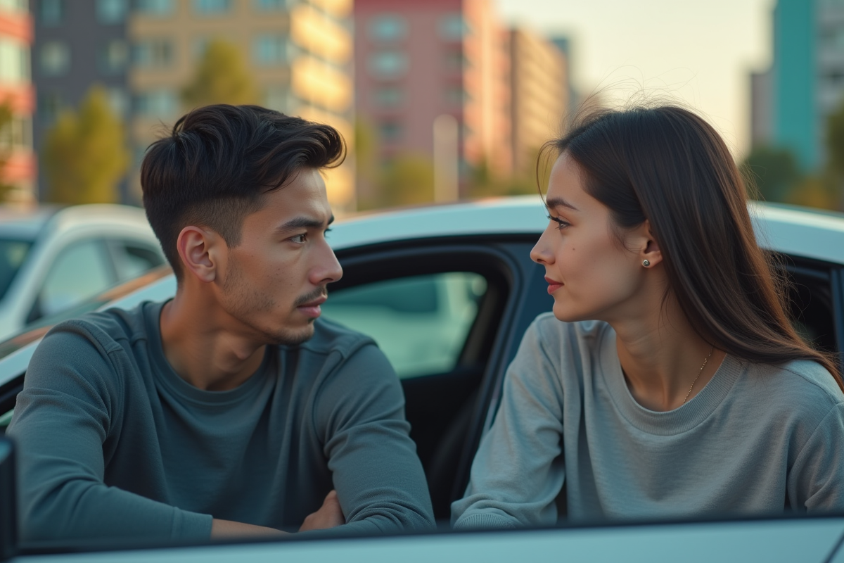 Jeune couple inspectant une voiture électrique d