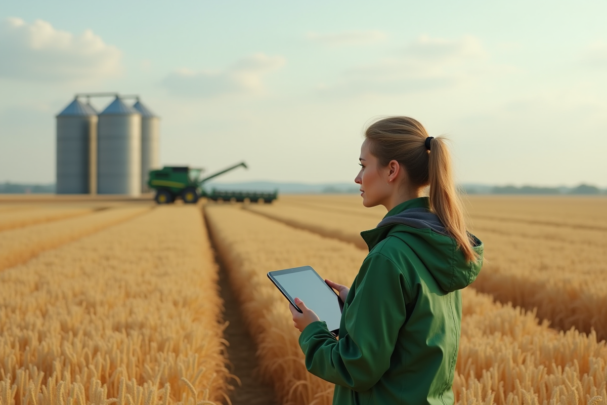 Jeune agronome tenant une tablette dans un champ de blé doré