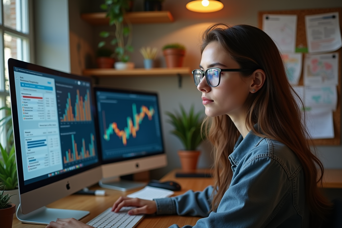 Jeune femme analyste blockchain examinant des statistiques sur son ordinateur