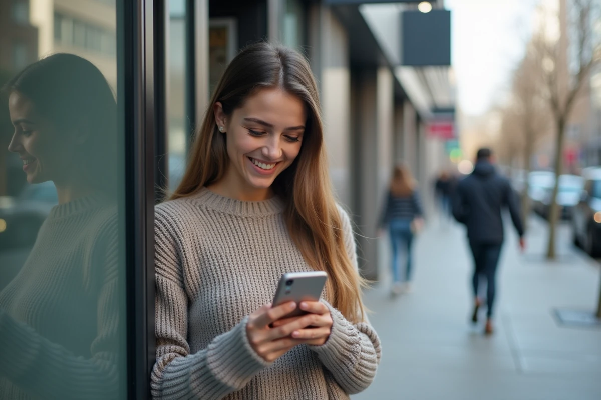 Jeune femme vérifiant son smartphone devant une banque moderne