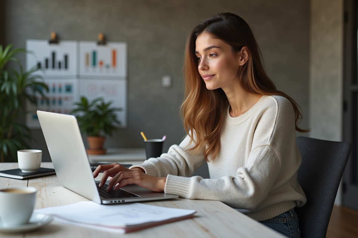 Jeune femme en bureau créatif utilisant un ordinateur portable