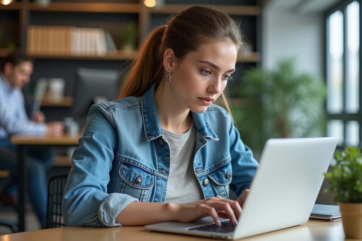 Jeune femme au bureau regardant un ordinateur portable