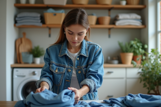 Jeune femme en denim pliant du linge dans une buanderie