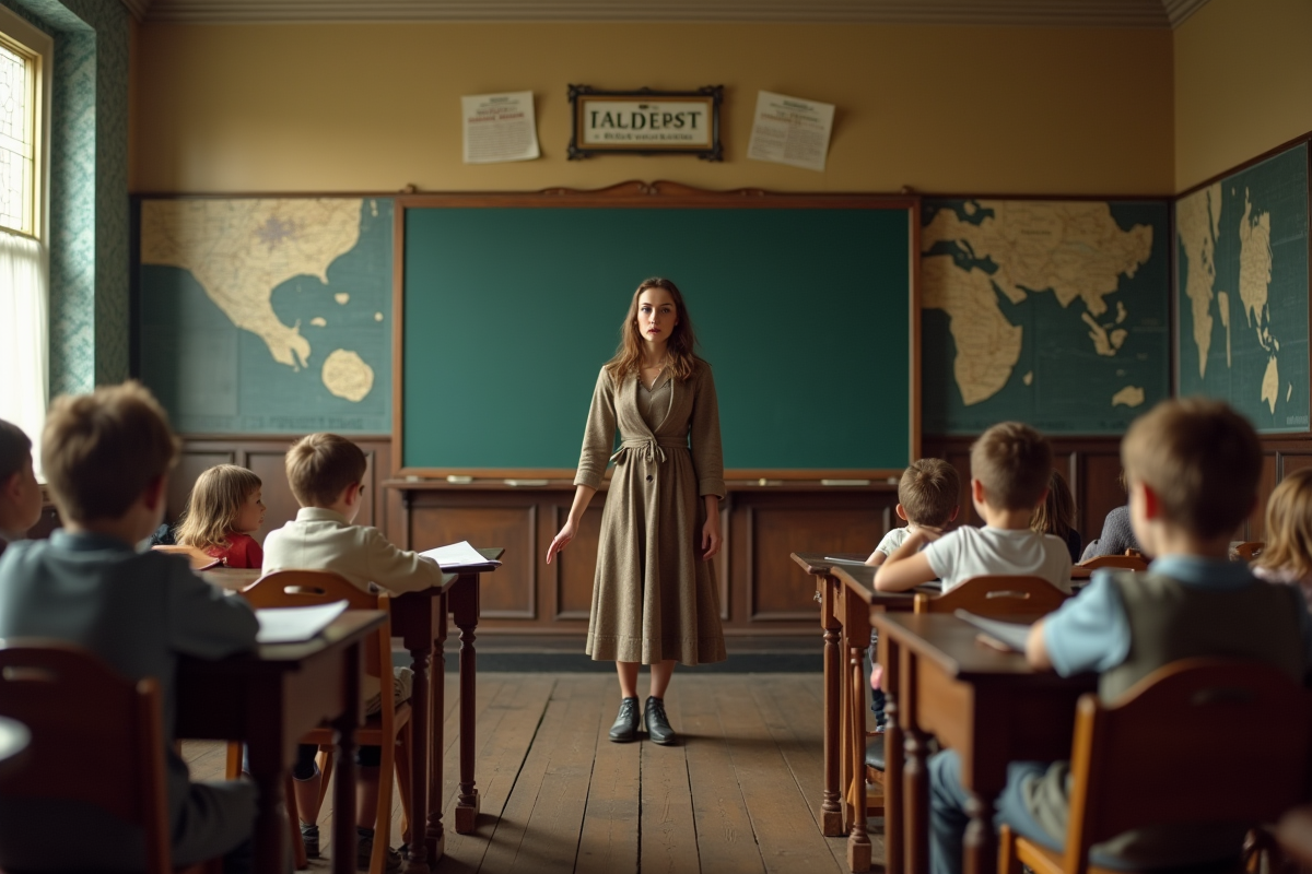 Jeune femme enseignante devant un tableau dans une classe ancienne