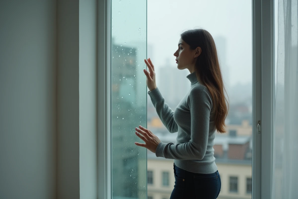 Jeune femme introspective devant une fenêtre sous la pluie, reflet symbolisant la personnalité et le silence intérieur