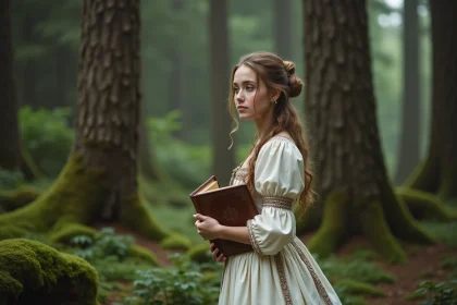 Jeune femme en robe médiévale dans la forêt magique