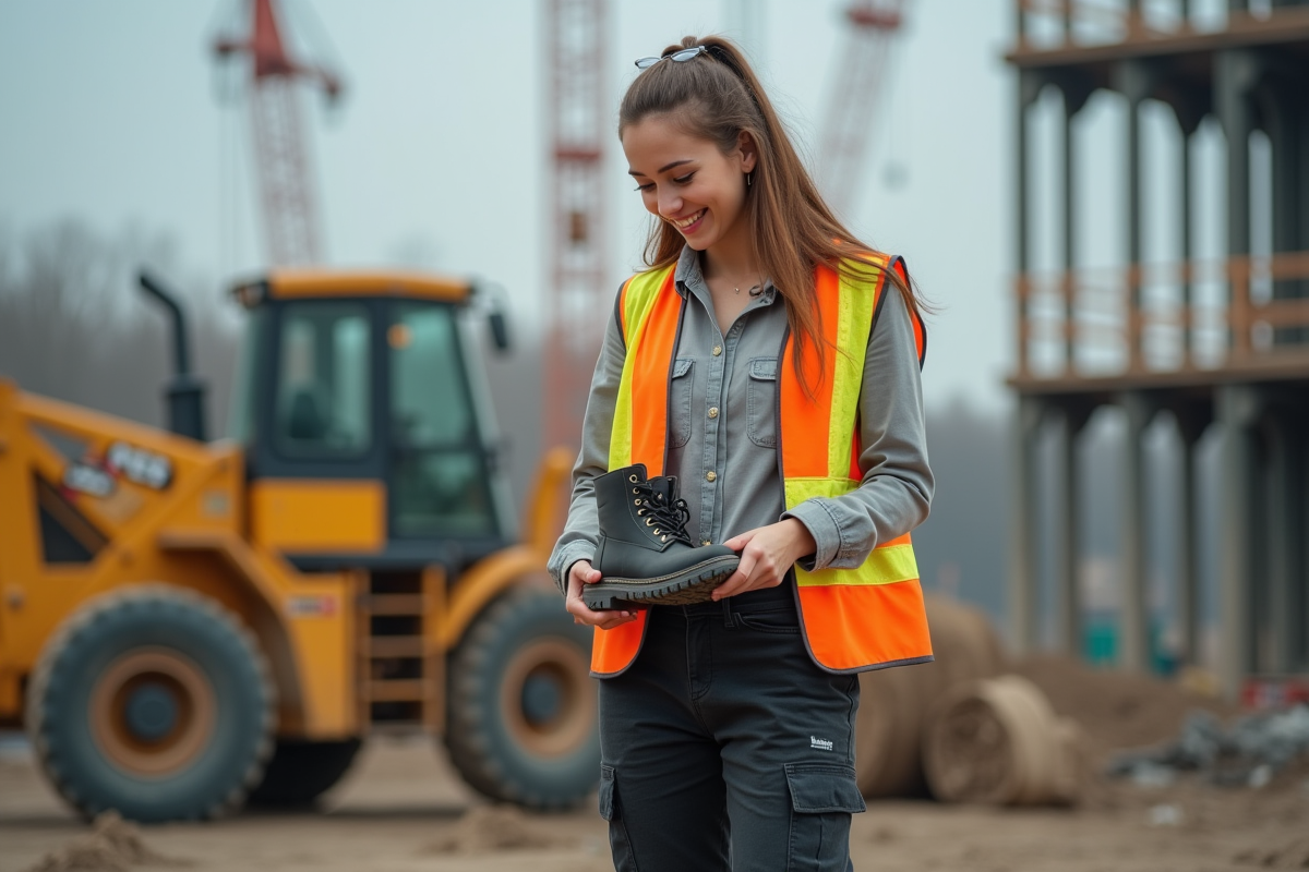 Ingénieure inspectant ses bottes de sécurité sur un chantier