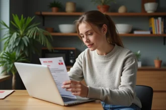 Jeune femme regardant son ordinateur avec un bordereau de suivi