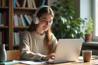Jeune femme avec casque et pull en train de travailler sur un ordinateur dans un salon lumineux