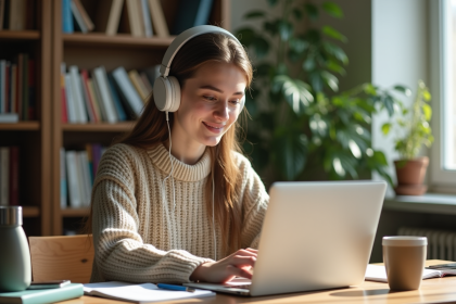 Jeune femme avec casque et pull en train de travailler sur un ordinateur dans un salon lumineux