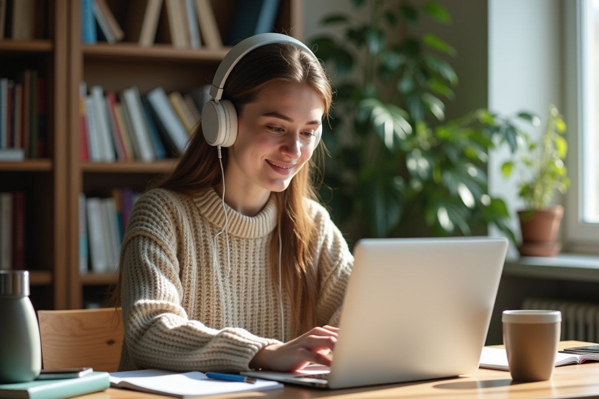 Jeune femme avec casque et pull en train de travailler sur un ordinateur dans un salon lumineux