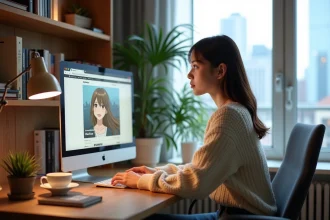 Jeune femme regardant un site manga sur son ordinateur