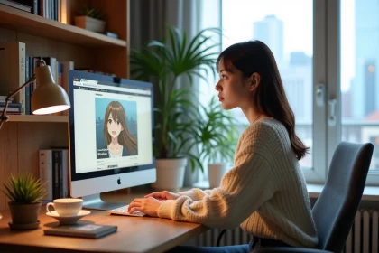 Jeune femme regardant un site manga sur son ordinateur