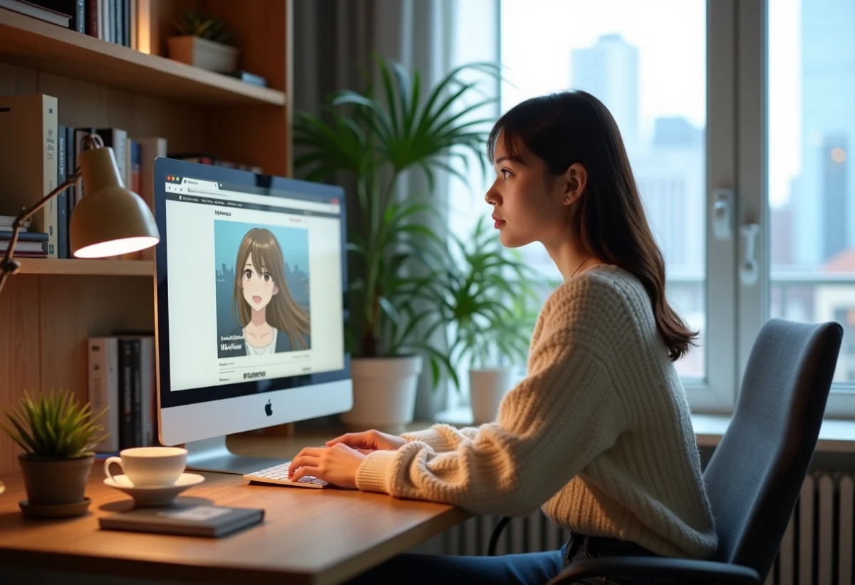 Jeune femme regardant un site manga sur son ordinateur