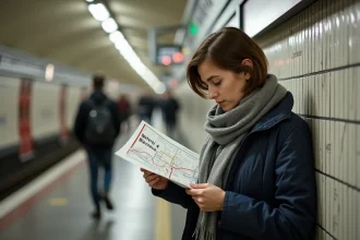 Jeune femme regardant une carte du métro à Montparnasse
