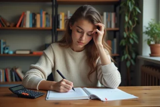 Jeune femme écrivant des conversions sur un cahier dans un espace cosy
