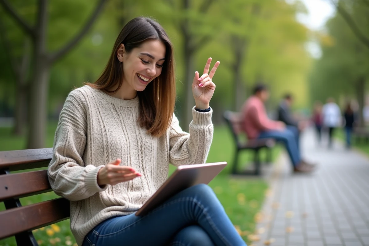 Jeune femme heureuse levant la main dans un parc avec une tablette