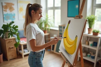 Jeune femme peignant une banane dans un studio d'art lumineux
