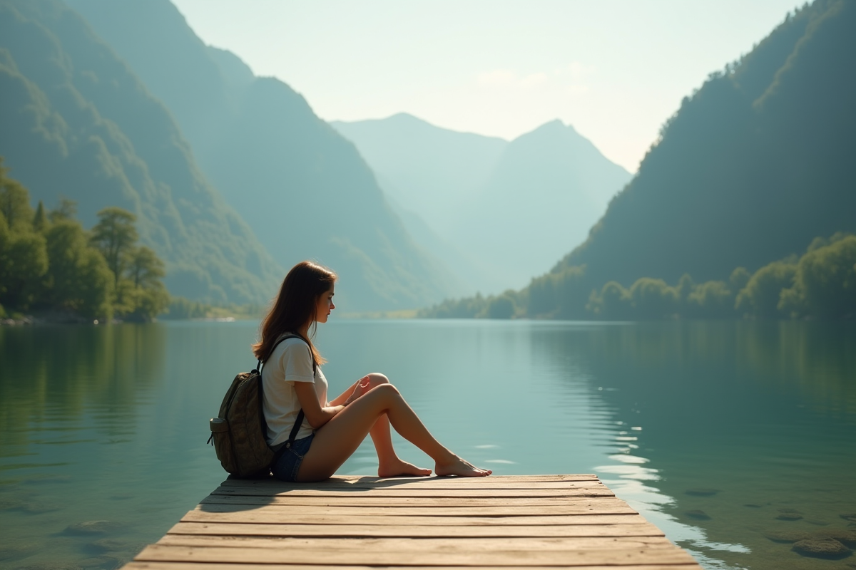 Jeune femme assise sur un pont en bois au bord d'un lac calme entouré de montagnes vertes