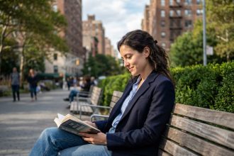 Jeune femme professionnelle lisant dans un parc urbain