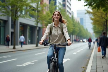 Jeune femme &agrave; v&eacute;lo &eacute;lectrique dans une rue urbaine
