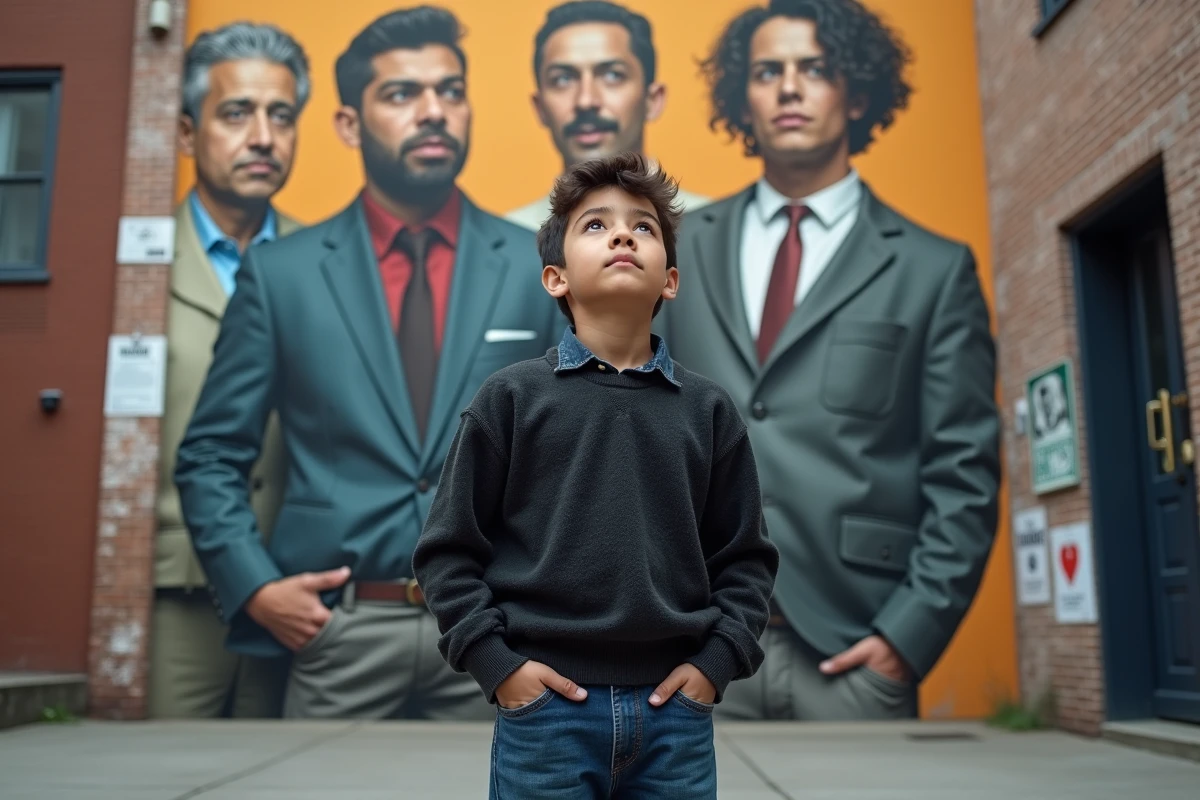 Garçon regardant un mural de journalistes en ville