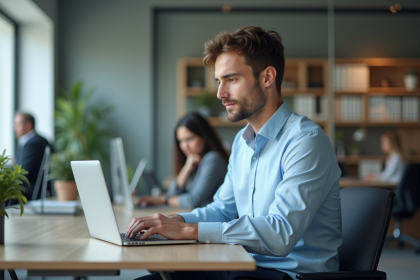 Jeune homme au bureau concentré sur son ordinateur