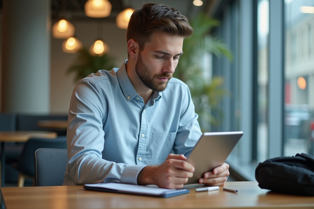 Jeune homme en chemise utilisant une tablette dans un espace de coworking moderne