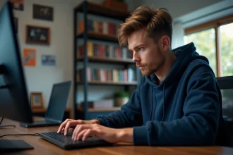 Jeune homme concentr&eacute; devant un ordinateur portable gaming