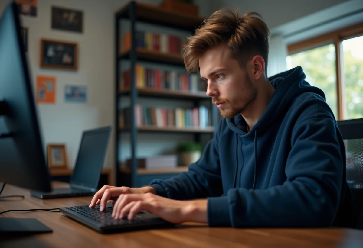 Jeune homme concentré devant un ordinateur portable gaming