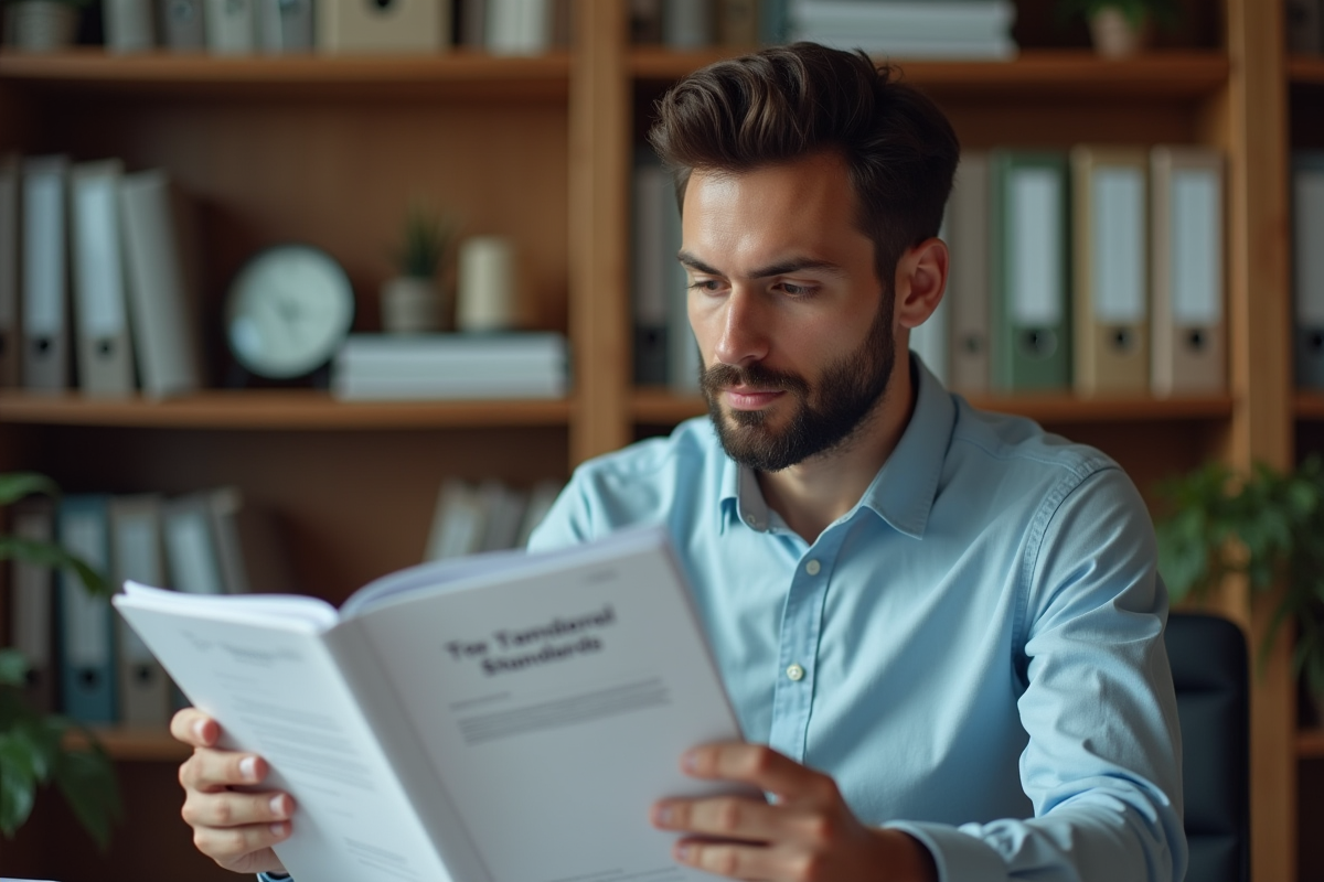 Jeune homme lisant un manuel de normes dans son bureau