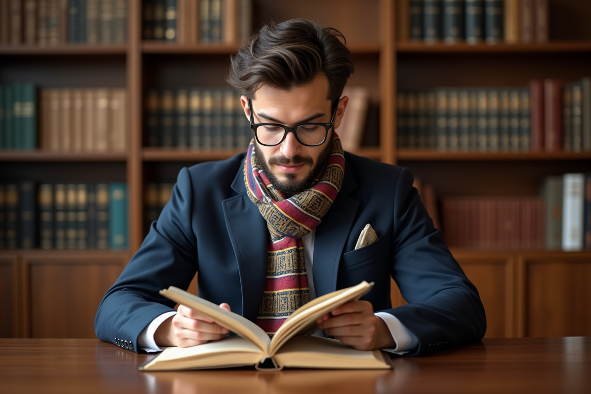 Jeune homme en costume lisant dans une bibliothèque moderne